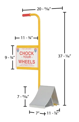 Vestil Aluminum Wheel Chock with Handle and Sign 7-11/16 In. x 20-11/16 In. x 37-1/16 In. Silver/Yellow - dimensional drawing