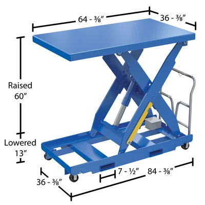 Vestil Steel Portable Lift Table 12 Volt DC Powered 36 In. x 64 In. 1000 Lb. Capacity Blue - dimensional drawing