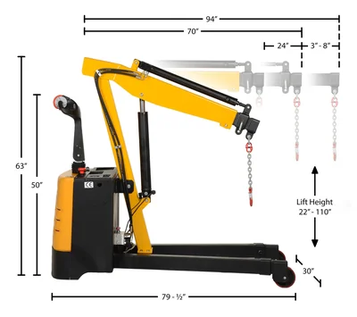 Vestil Steel Electric Powered Floor Crane 2500 Lb. Retracted Capacity Yellow - dimensional drawing