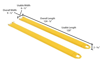 Vestil Steel Pin Style Fork Extensions 6 In. x 120 In. 4,000 Lb. Capacity Yellow - dimensional drawing