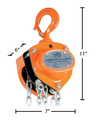 Vestil Steel Manual Chain Hoist 15 Ft. Lift 1,000 Lb. Capacity Orange - dimensional drawing