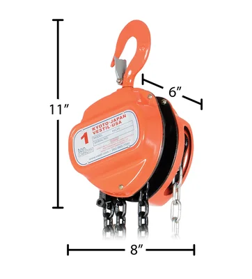 Vestil Steel Manual Chain Hoist 15 Ft. Lift 2,000 Lb. Capacity Orange - dimensional drawing