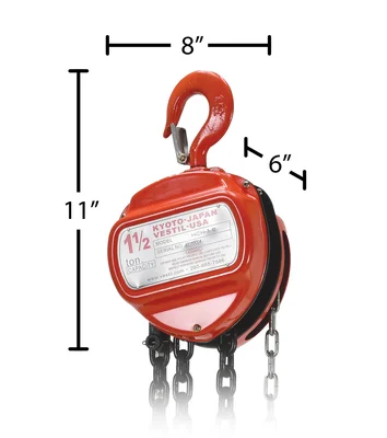 Vestil Steel Manual Chain Hoist 10 Ft. Lift 3,000 Lb. Capacity Orange - dimensional drawing