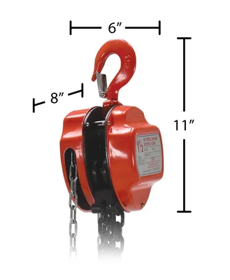 Vestil Steel Manual Chain Hoist 15 Ft. Lift 3,000 Lb. Capacity Orange - dimensional drawing