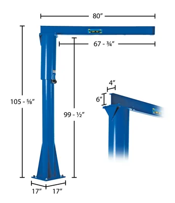 Vestil Steel Floor Mounted Jib 80 In. I-Beam 1000 Lb. Capacity Blue - dimensional drawing
