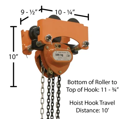 Vestil LOW-1P Steel Low Headroom Chain Hoist Push Trolley - dimensional drawing