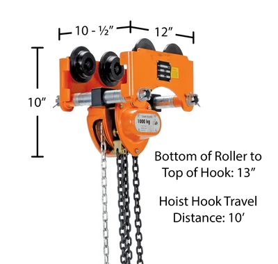Vestil LOW-2P Steel Low Headroom Chain Hoist Push Trolley - dimensional drawing
