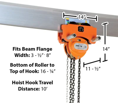 Vestil LOW-4P Steel Low Headroom Chain Hoist Push Trolley - dimensional drawing