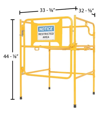 Vestil Steel Manhole Guard Rail with Aluminum Sign 31 In. x 30 In. Notice Restricted Area Sign Message Yellow - dimensional drawing