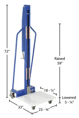 Vestil Steel Manual Work Positioner 33 In. x 23-3/4 In. x 72 In. 220 Lb. Capacity Blue - dimensional drawing