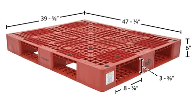 Vestil High Density Polyethylene Pallet 39-1/2 In. x 47-3/8 In. x 6 In. 8000 Lb. Capacity Red - dimensional drawing