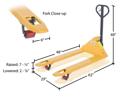 Vestil Steel Economy Pallet Truck Hand and Foot Release 62 In. x 29 In. x 48 In. 4,400 Lb. Capacity Yellow - dimensional drawing