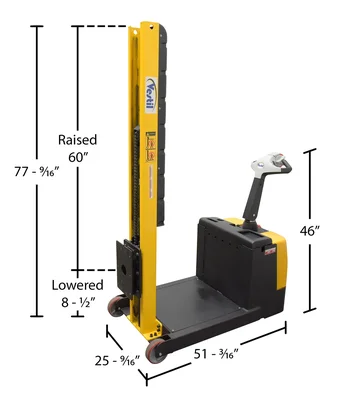 Vestil Steel Counter Balanced Powered Drive Narrow Mast Stacker 60" Lift 51-9/16"L x 25-9/16"W x 61-13/16"H 600 Lb. Capacity Black / Yellow - dimensional drawing