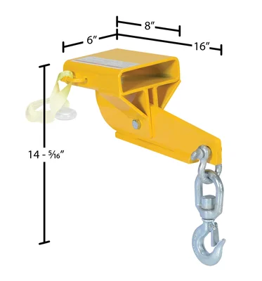 Vestil Steel Hoist Single Auto Tension Swivel Hook 16 In x 6 In x 14-5/16 In 4,000 Lb. Capacity Yellow - dimensional drawing