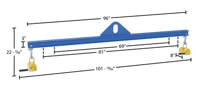 Vestil Steel Magnetic Spreader Beam 96 In Length 1,000 Lb. Capacity Blue - dimensional drawing