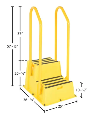 Vestil Polyethylene Nestable with Handrails Casters 2 Step 500 Lb. Capacity Yellow - dimensional drawing