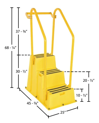 Vestil Polyethylene Nestable with Hand and Back Rails Casters 3 Step 500 Lb. Capacity Yellow - dimensional drawing