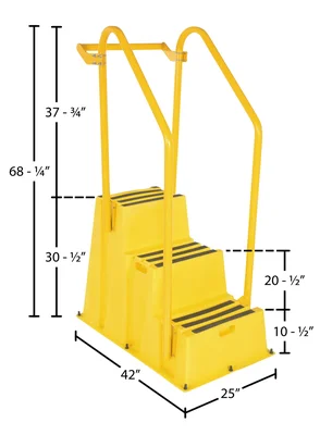 Vestil Polyethylene Nestable with Hand and Back Rails 3 Step 500 Lb. Capacity Yellow - dimensional drawing