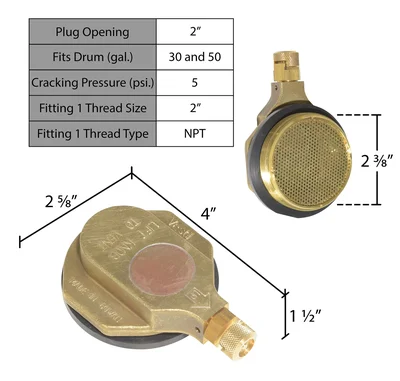 Vestil VENT-H Brass Horizontal Drum Vent Fits 30 & 55 Gallon Drum Capacity - dimensional drawing