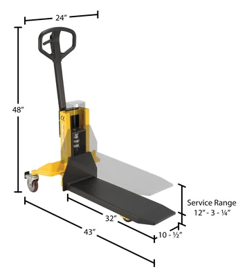 Vestil Steel Single Fork Skid Positioner Lifter 800 Lb. Capacity Yellow / Black - dimensional drawing