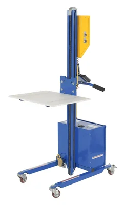 Vestil PEL-100S-D3-AHI Steel DC Powered Quick Lift with Auto Height Indexer 175lb Capacity Blue Powered quick lift units transport and position