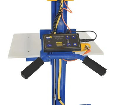 Vestil PEL-100S-D3-AHI Steel DC Powered Quick Lift with Auto Height Indexer 175lb Capacity Blue Powered quick lift units transport and position