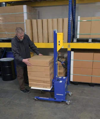 Vestil PEL-88S-D3-AHI Steel DC Powered Quick Lift with Auto Height Indexer 175lb Capacity Blue Powered quick lift units transport and position