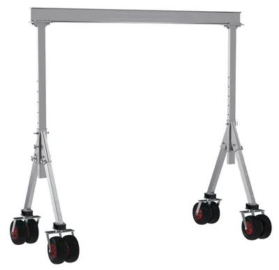 Vestil Aluminum Adjustable Height Gantry Crane with Pneumatic Rubber Casters 12 Ft. Wide x 10 Ft. Max Usable Height 4,000 Lb. Capacity Silver