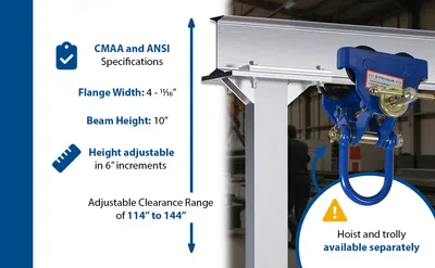 Vestil AHA-4-8-12-VG adjustable height aluminum gantry cranes with v-groove caster feature highlights