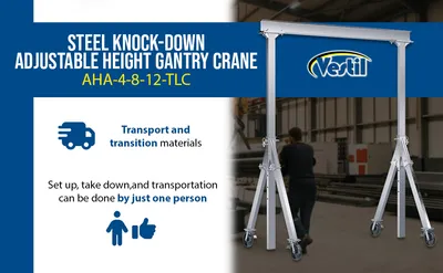 Vestil AHA-4-8-12-VG adjustable height aluminum gantry cranes with v-groove caster feature highlights
