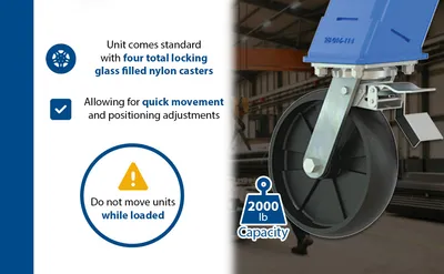 Vestil AHSN-2-10-16-TLC adjustable steel gantry cranes with total locking casters - knockdown feature highlights
