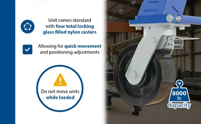 Vestil AHSN-8-15-7-TLC adjustable steel gantry cranes with total locking casters - knockdown feature highlights
