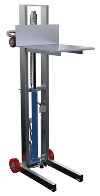 Vestil Aluminum Lite Load Lift With Foot Pump Fixed Wheels and Manual Floor Lock 20 In. x 20 In. Platform 400 Lb. Capacity Silver