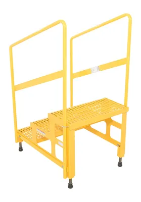 Vestil ASP-24-3-HR adjustable step stands with handrail shown from an alternate angle