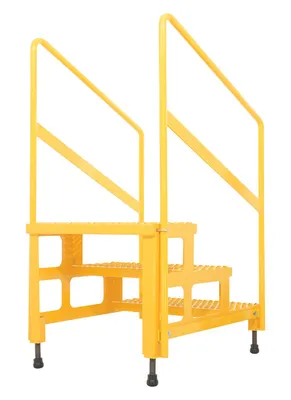 Vestil ASP-24-3-HR adjustable step stands with handrail shown from an alternate angle