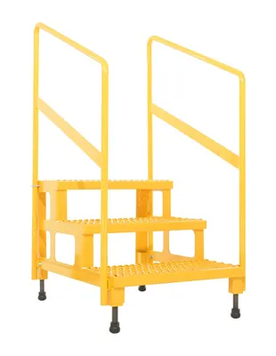 Vestil ASP-24-3-HR adjustable step stands with handrail shown from an alternate angle