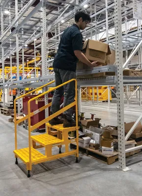 Vestil ASP-24-3-HR adjustable step stands with handrail shown from an alternate angle