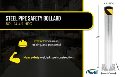 Vestil BOL-24-4.5-HDG steel pipe safety bollard feature highlights