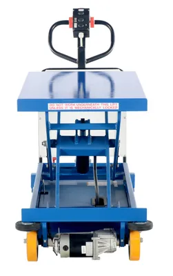 Vestil CART-1000-DC-CTD powered drive and powered lift hydraulic scissor cart shown from an alternate angle