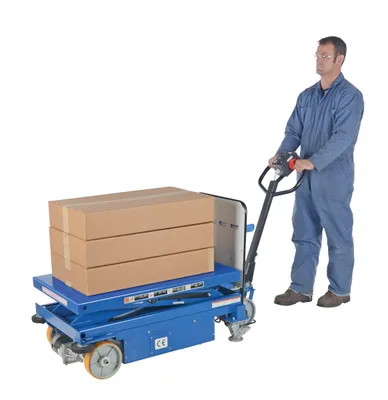 Vestil CART-1000-DC-CTD powered drive and powered lift hydraulic scissor cart shown from an alternate angle
