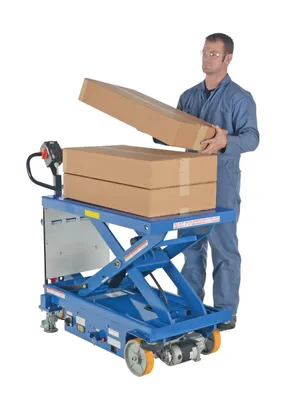 Vestil CART-1000-DC-CTD powered drive and powered lift hydraulic scissor cart shown from an alternate angle