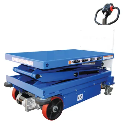 Vestil CART-1000D-DC-CTD powered drive and powered lift hydraulic scissor cart shown from an alternate angle
