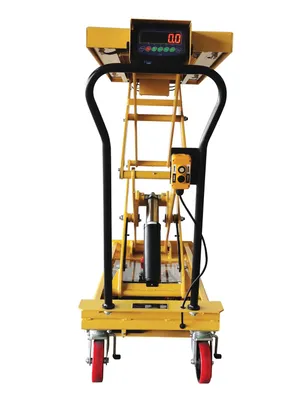 Vestil CART-1000D-DC-SC scissor carts with built-in scale shown from an alternate angle