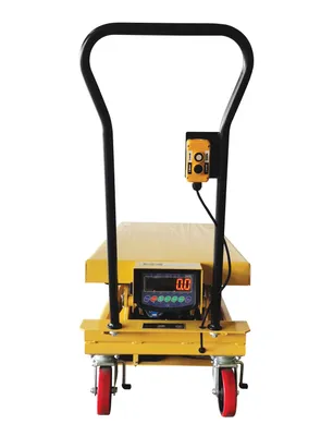 Vestil CART-1000D-DC-SC scissor carts with built-in scale shown from an alternate angle