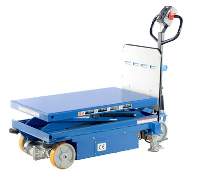 Vestil CART-1500-DC-CTD powered drive and powered lift hydraulic scissor cart shown from an alternate angle