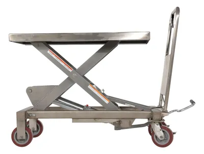 Vestil CART-1750-PSS partially stainless steel hydraulic elevating cart shown from an alternate angle