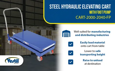 Vestil CART-2000-2040-FP hydraulic elevating cart feature highlights