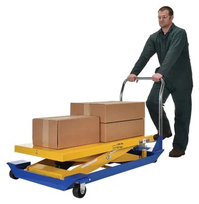 Vestil CART-24-10-M dc powered and manual scissor cart shown from an alternate angle
