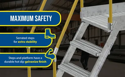 Vestil COL-5-46-44-HDG galvanized cross-over ladder feature highlights