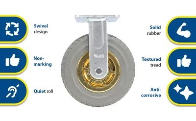 Vestil CST-VE-8X2FF-R flat-free (rubber) feature highlights